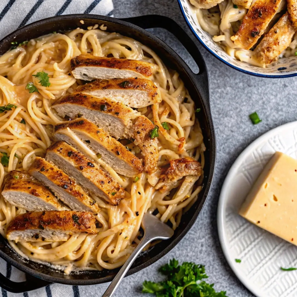 A skillet filled with creamy Alfredo spaghetti topped with sliced, golden-brown chicken breast, garnished with fresh herbs, with a plate of cheese on the side.