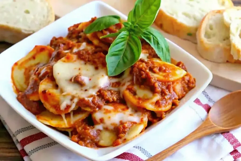 A plate of crockpot ravioli lasagna topped with melted cheese and fresh basil, served with slices of garlic bread.