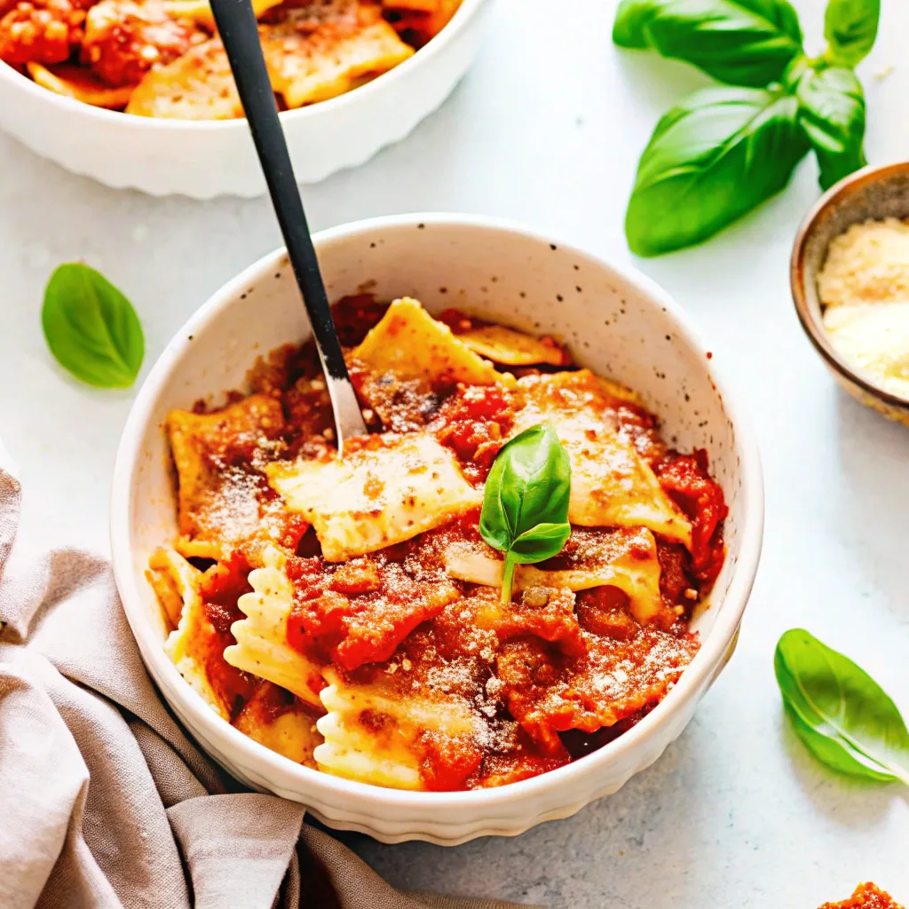 A beautifully plated bowl of crockpot ravioli lasagna, featuring tender ravioli smothered in a flavorful tomato sauce and sprinkled with grated parmesan. A fresh basil garnish adds a vibrant touch. In the background, another serving of lasagna, a small bowl of parmesan, and scattered basil leaves complete the inviting presentation. The soft natural lighting enhances the dish’s rich colors, making it look as delicious as it tastes.
