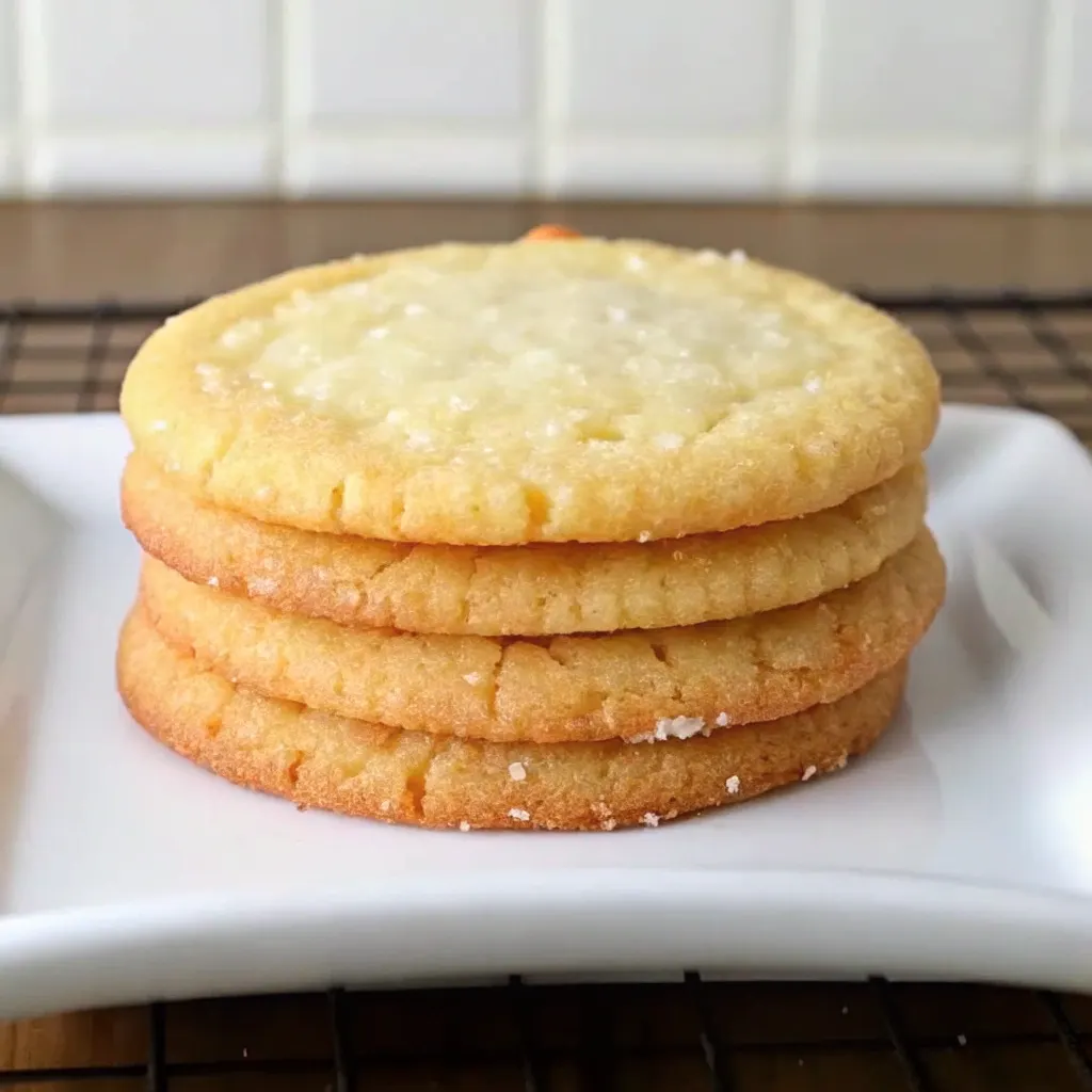 A stack of flat, crispy sugar cookies on a white plate, showing common issues when learning how to make your cookies rise more.