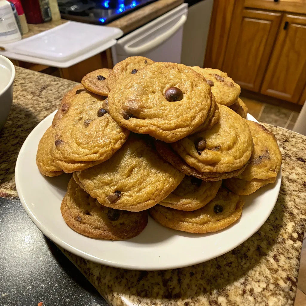 A plate of golden brown, fluffy chocolate chip cookies with a soft texture, demonstrating successful techniques on how to make your cookies rise more.