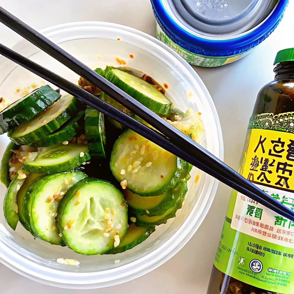 A bowl of Logan’s Cucumber Salad with sliced cucumbers, sesame seeds, and Asian seasoning, with chopsticks and a bottle of dressing nearby.