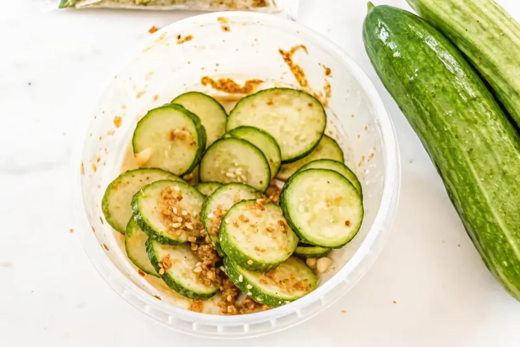A bowl of Logan’s Cucumber Salad with sliced cucumbers, sesame seeds, and seasoning, next to fresh whole cucumbers.