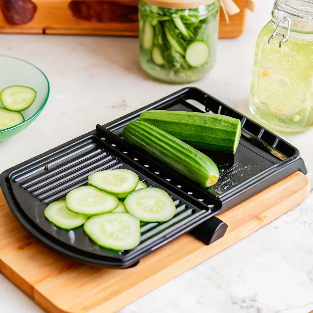 Fresh cucumbers being sliced on a mandoline, with thin cucumber slices on a cutting board and jars of pickled cucumbers in the background.