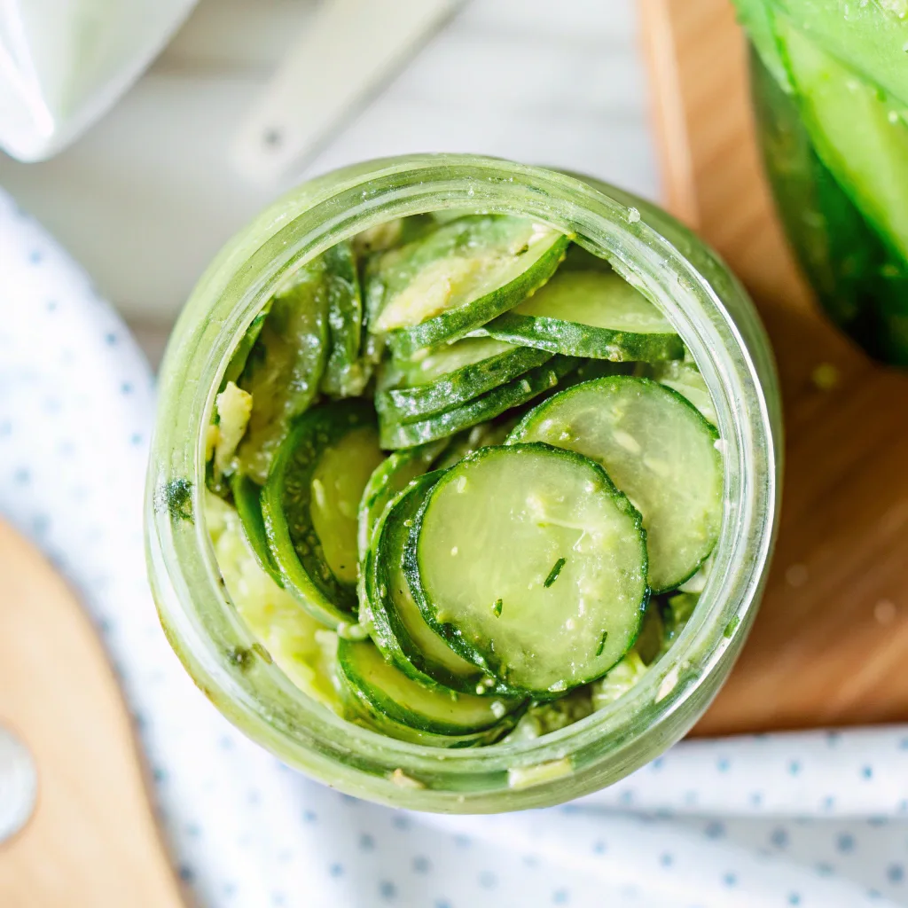 A jar of Logan’s Cucumber Salad with thinly sliced cucumbers, coated in a flavorful dressing, ready to be enjoyed.