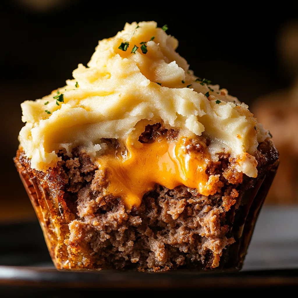  Juicy meatloaf cupcake with a molten cheddar cheese center, topped with fluffy mashed potatoes and fresh herbs.