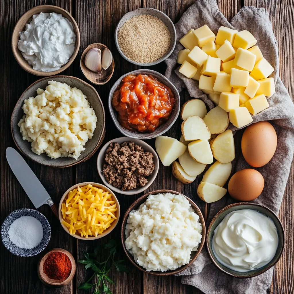 A variety of fresh ingredients, including mashed potatoes, ground beef, cheese, eggs, and seasonings, arranged on a rustic wooden surface.