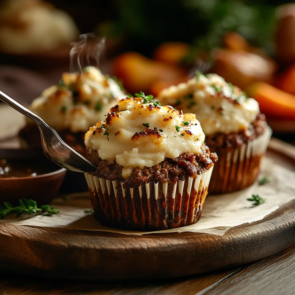 A freshly baked, golden-brown meatloaf cupcake with mashed potato topping, steaming and ready to be enjoyed.