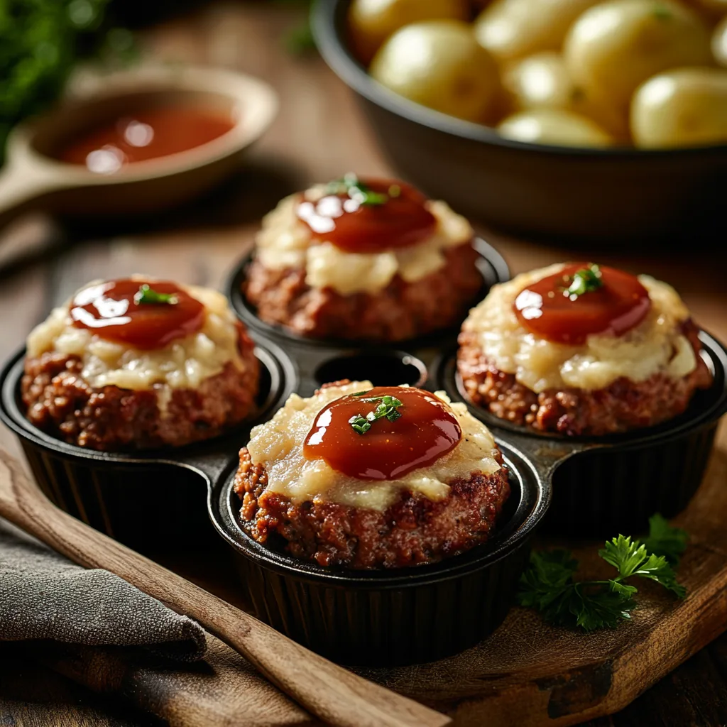  Mini meatloaf cups with mashed potato topping, finished with a tangy ketchup glaze and fresh herb garnish.