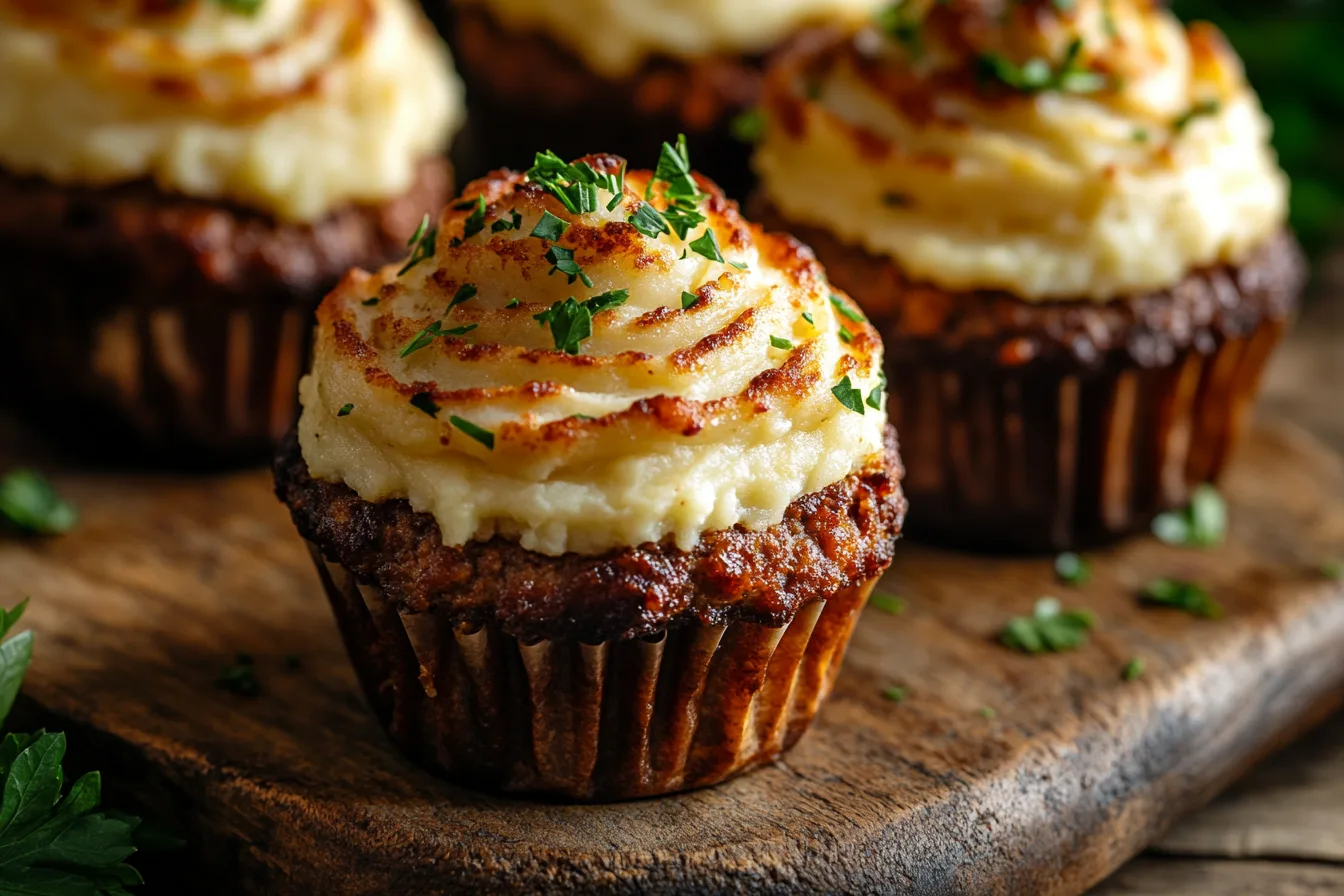 Savory meatloaf topped with creamy mashed potatoes, broiled to golden perfection, and garnished with fresh parsley.