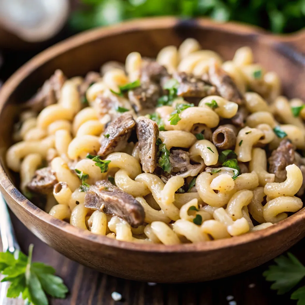 cheese steak pasta A close-up of Philly Cheesesteak Pasta in a wooden bowl, featuring tender steak strips, creamy cheese sauce, and cavatappi pasta, garnished with fresh parsley.