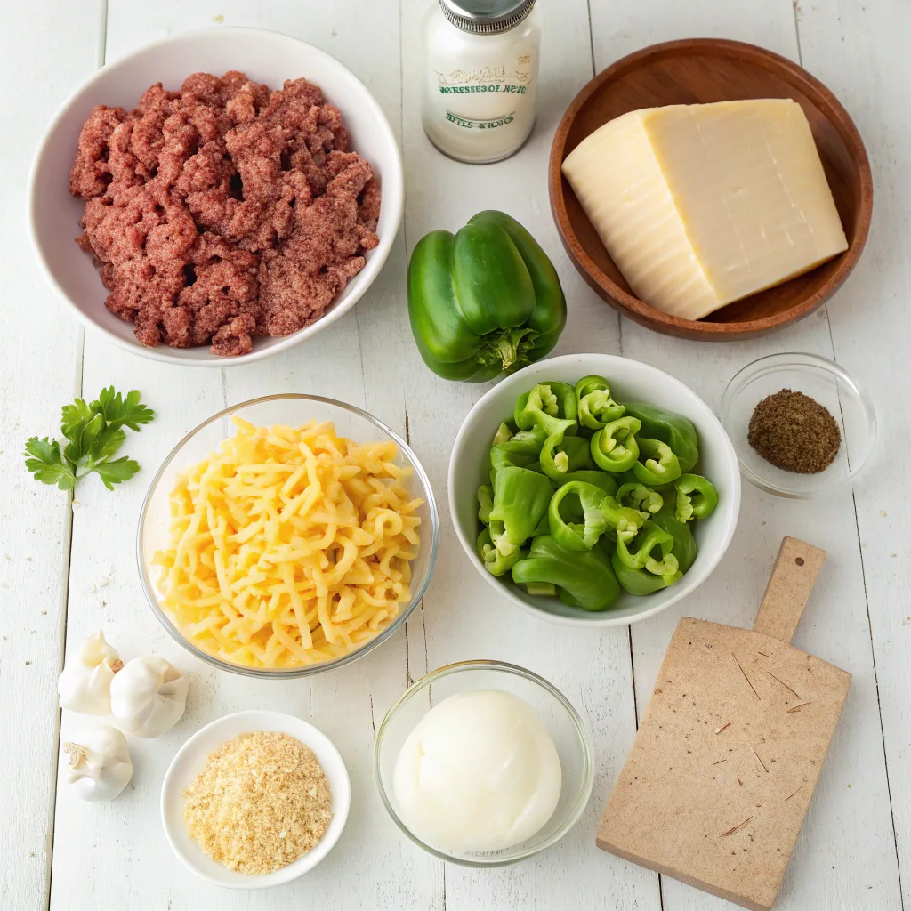 Fresh ingredients for Philly Cheesesteak Pasta arranged on a white wooden surface, including ground beef, green bell peppers, shredded cheese, provolone cheese, onion, garlic, and seasonings.
