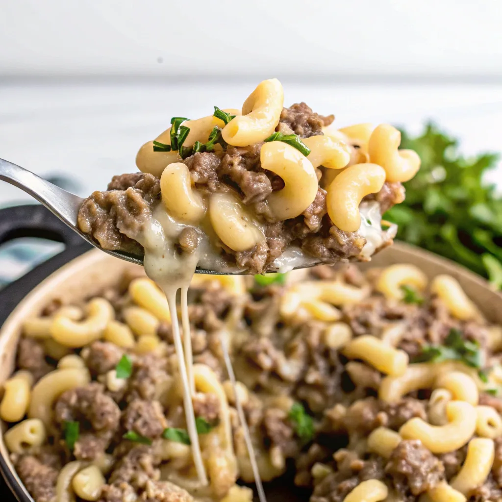 A close-up of a spoonful of Philly Cheesesteak Pasta, with gooey melted cheese stretching from the pan, featuring ground beef, elbow macaroni, and garnished with fresh herbs.