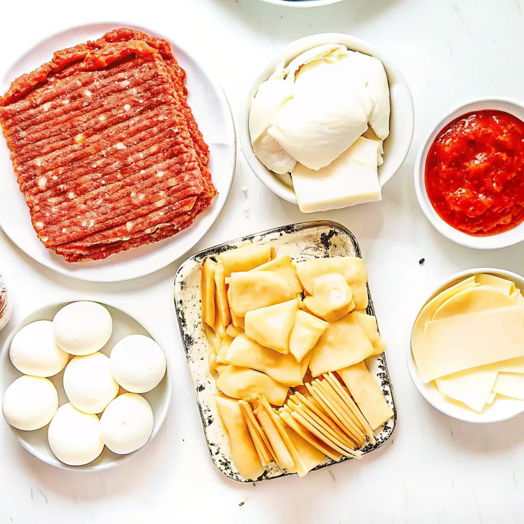 A flat-lay display of ingredients for crockpot ravioli lasagna, including ground meat, ravioli, cheese, eggs, and marinara sauce.