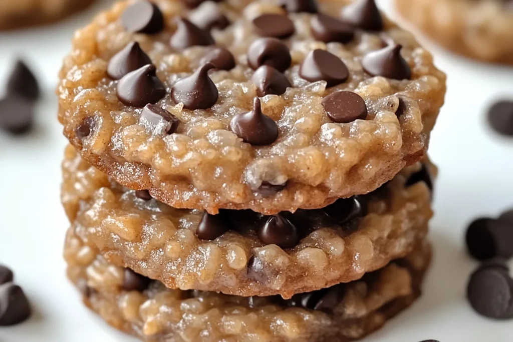 A close-up stack of three Rice Krispie Chocolate Chip Cookies, showcasing their chewy texture, golden-brown color, and crispy Rice Krispies, topped with melty chocolate chips.
