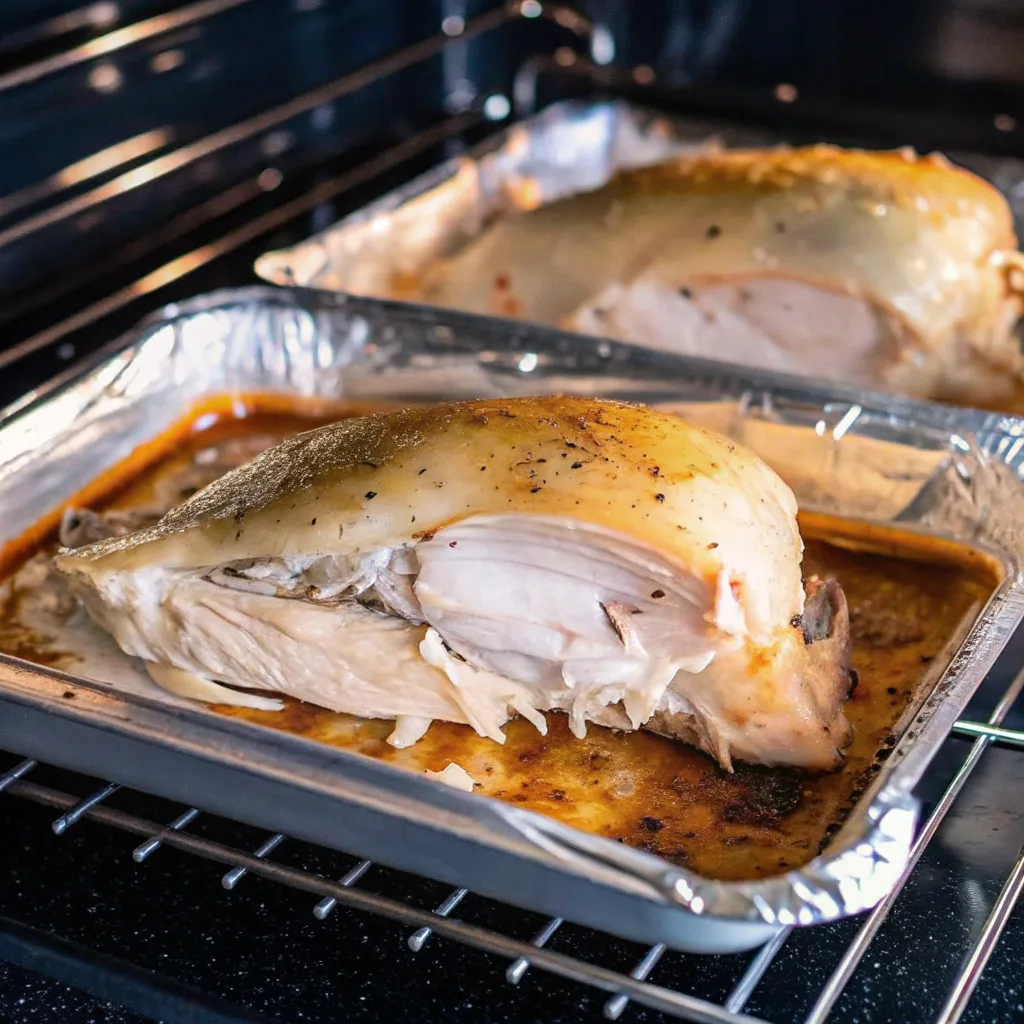 Roasted Pound Butterball Turkey Breast in a foil-lined baking pan inside an oven, with golden-brown skin and tender, juicy meat.