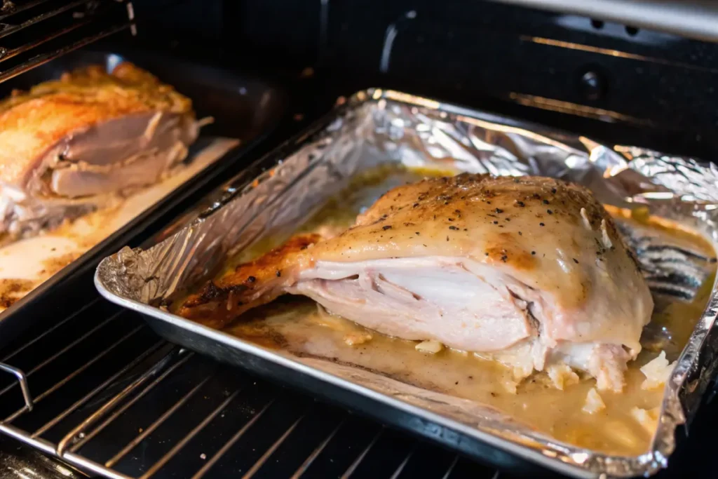 Cooked Pound Butterball Turkey Breast in a foil-lined baking pan inside an oven, with golden crispy skin and juicy meat.