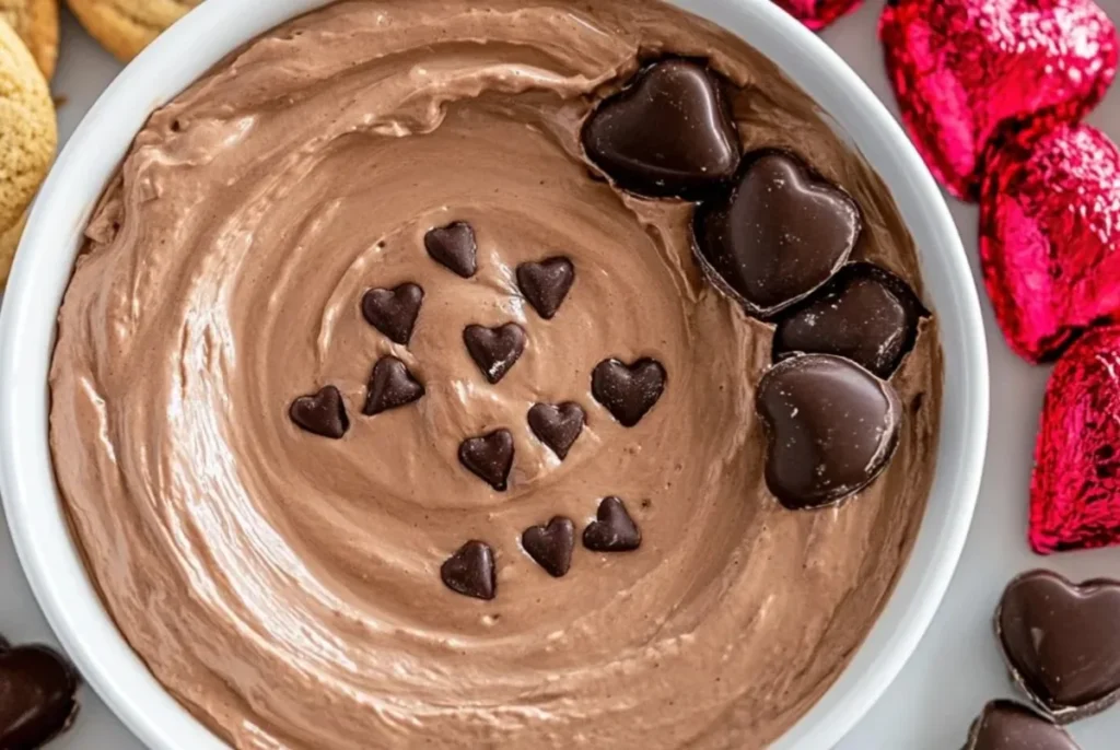 A bowl of creamy hot chocolate dip garnished with heart-shaped chocolates, surrounded by heart-shaped cookies and wrapped chocolate hearts.