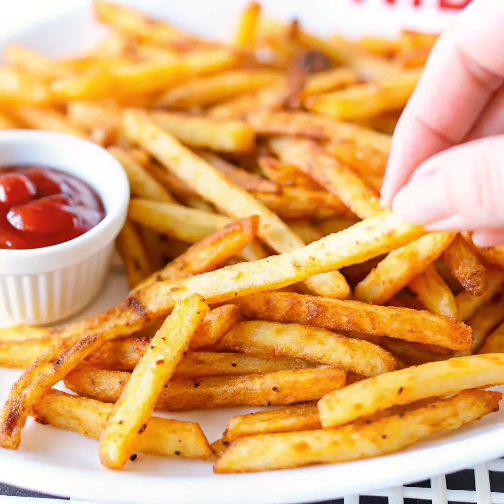 Crispy Checkers fries cooked in an air fryer, served on a plate with ketchup and a hand picking up a fry.