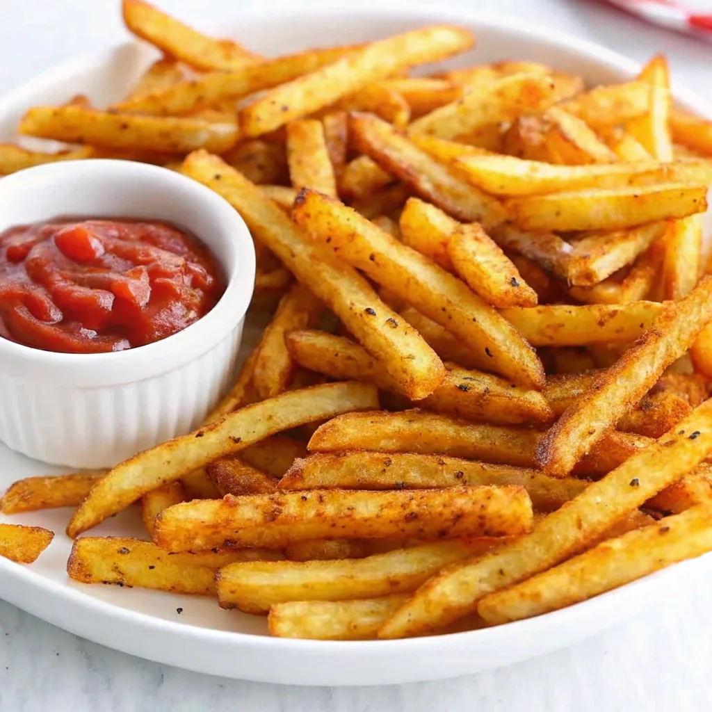 checkers seasoned fries air fryer Crispy Checkers fries cooked in an air fryer, served on a plate with ketchup.