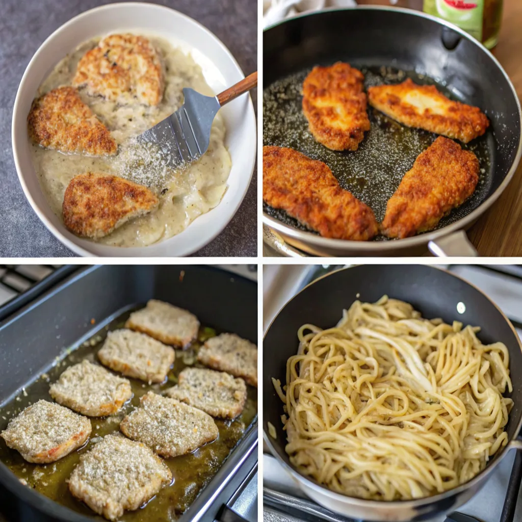 A step-by-step collage showing the process of making Chicken Parmesan Alfredo, including breading the chicken, frying it to golden perfection, baking, and preparing the creamy Alfredo pasta.