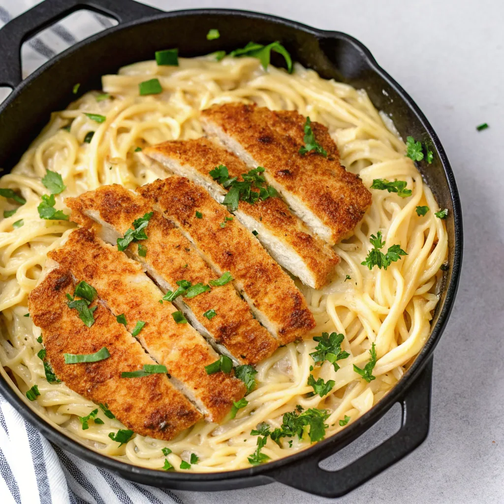 A cast-iron skillet filled with creamy spaghetti Alfredo, topped with crispy, golden-brown breaded chicken cutlets and garnished with fresh parsley.