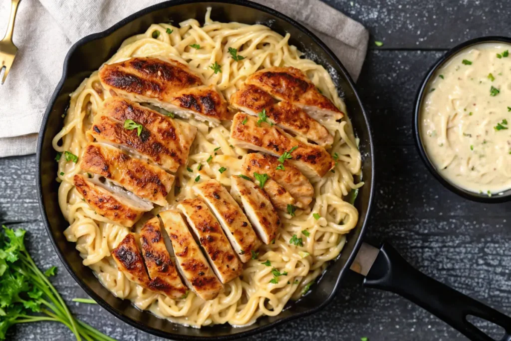 A skillet filled with creamy fettuccine Alfredo topped with sliced, golden-brown grilled chicken, garnished with fresh parsley.