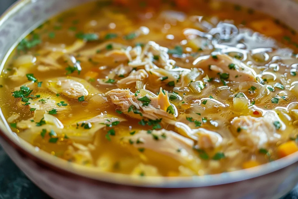 Close-up of a bowl of Consomé de Pollo, a traditional Mexican chicken soup with shredded chicken, vegetables, and fresh herbs.