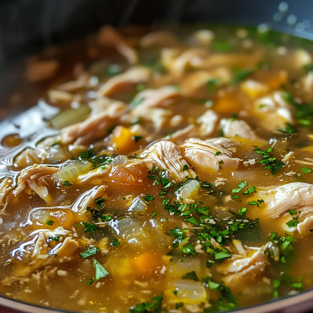 Close-up of Consomé de Pollo, a traditional Mexican chicken soup with shredded chicken, diced vegetables, and fresh herbs in a rich broth.