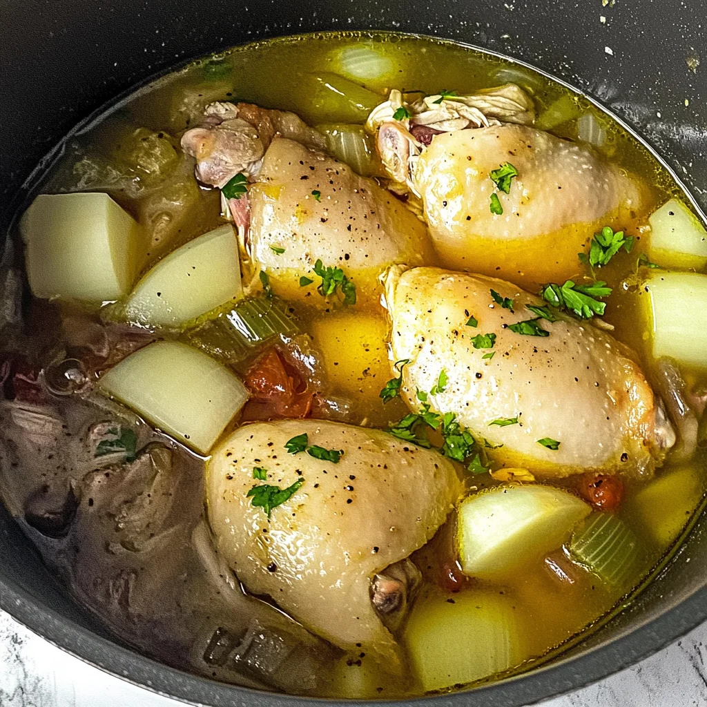 A pot of Consomé de Pollo with bone-in chicken thighs, potatoes, celery, and fresh herbs simmering in a golden broth.