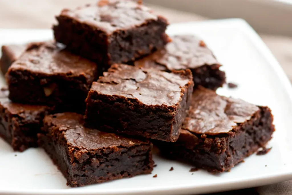 Freshly baked cottage cheese brownies with a rich, fudgy texture, stacked on a white plate.
