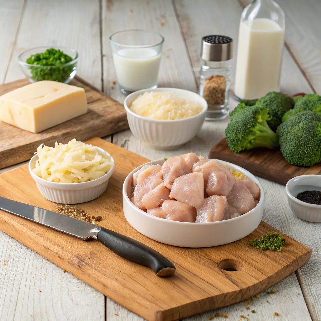 Fresh ingredients for Chicken Broccoli Alfredo Bake arranged on a rustic wooden kitchen countertop, including raw cubed chicken, cheese, broccoli, milk, and seasonings.