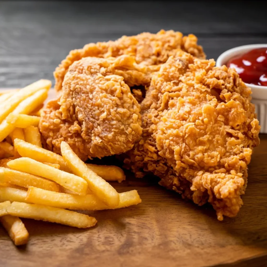 Close-up of crispy fried chicken with golden French fries and a small cup of ketchup on a wooden serving board.