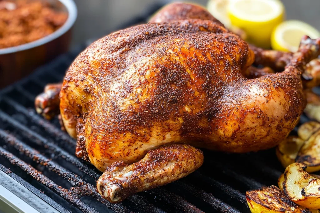 Close-up of a whole smoked chicken with crispy, golden-brown skin on a grill, seasoned with a flavorful dry rub, surrounded by grilled vegetables and lemon slices.