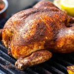 Close-up of a whole smoked chicken with crispy, golden-brown skin on a grill, seasoned with a flavorful dry rub, surrounded by grilled vegetables and lemon slices.