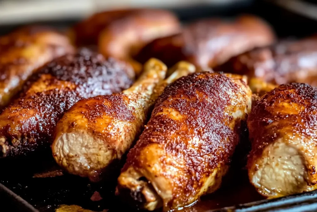 Close-up of smoked chicken legs with crispy, seasoned skin on a tray. The meat looks tender and juicy, with a rich, golden-brown color.