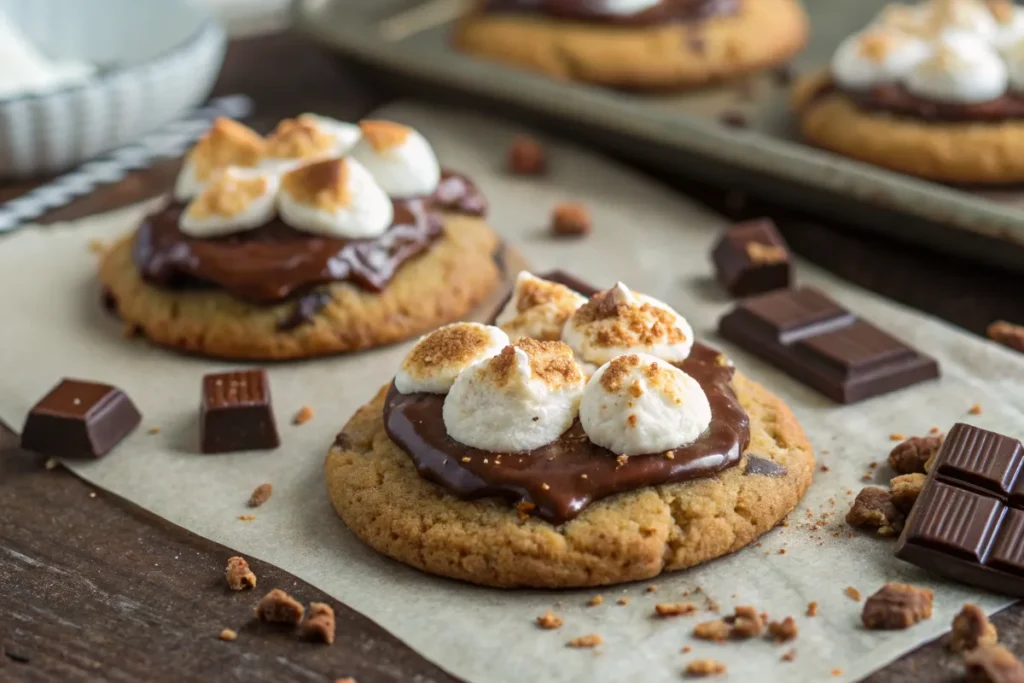 Close-up of freshly baked s’mores cookies topped with melted chocolate and toasted marshmallows, placed on parchment paper with chocolate pieces and graham cracker crumbs scattered around.