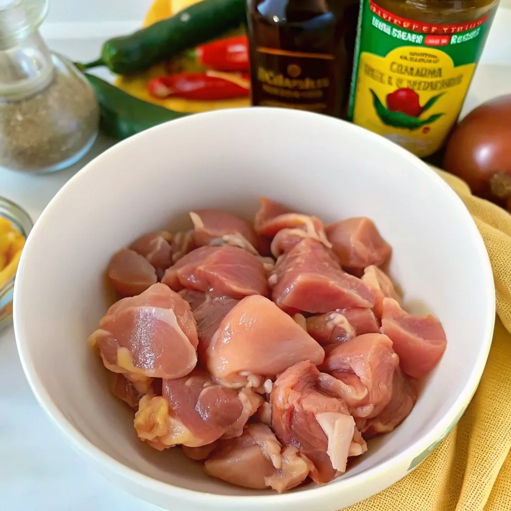 A white bowl filled with raw, cubed chicken thighs, surrounded by fresh ingredients and seasonings for making teriyaki chicken.