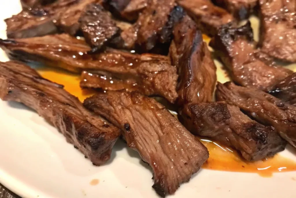 Grilled teriyaki steak slices with a caramelized glaze on a white plate.