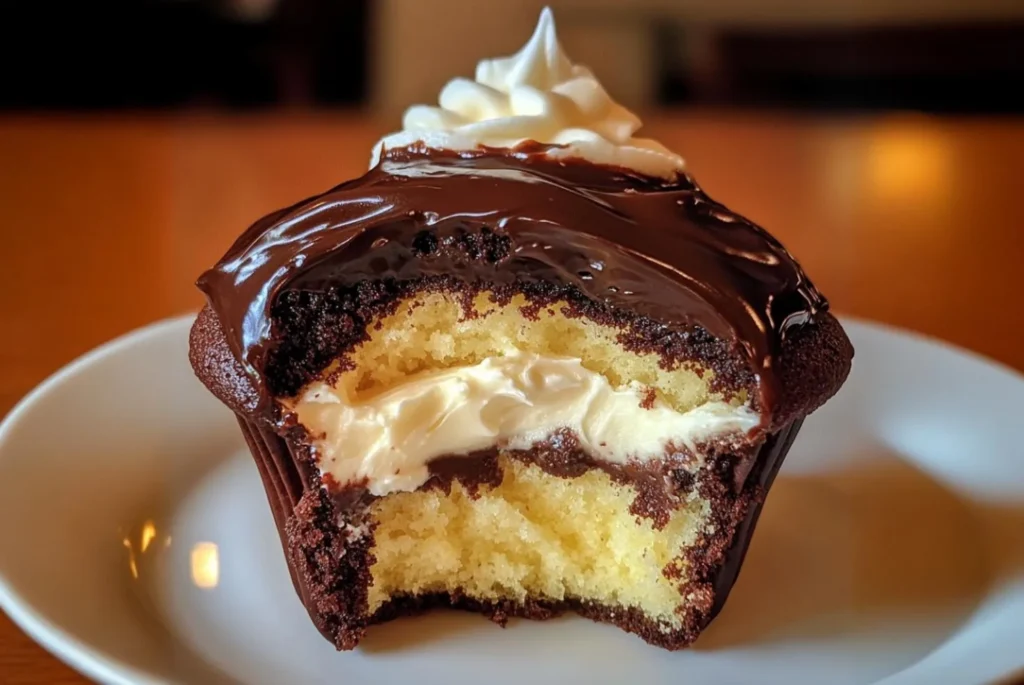 A close-up of a Boston cream pie cupcake cut in half, showing its creamy custard filling, rich chocolate glaze, and moist vanilla and chocolate cake layers.