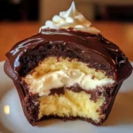 A close-up of a Boston cream pie cupcake cut in half, showing its creamy custard filling, rich chocolate glaze, and moist vanilla and chocolate cake layers.