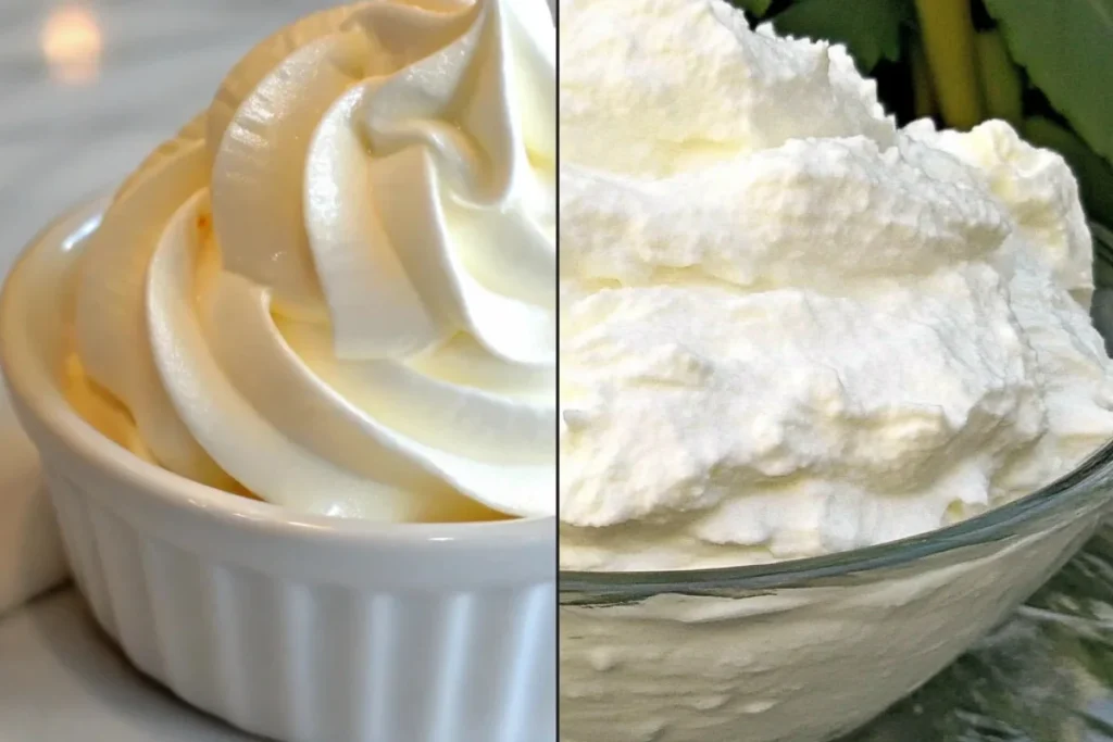Side-by-side comparison of Cool Whip and homemade whipped cream, showing differences in texture and appearance.
