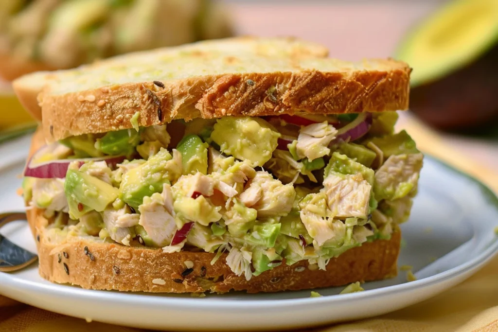 A freshly made tuna avocado sandwich with chunks of tuna, creamy avocado, and red onion between slices of whole-grain bread.