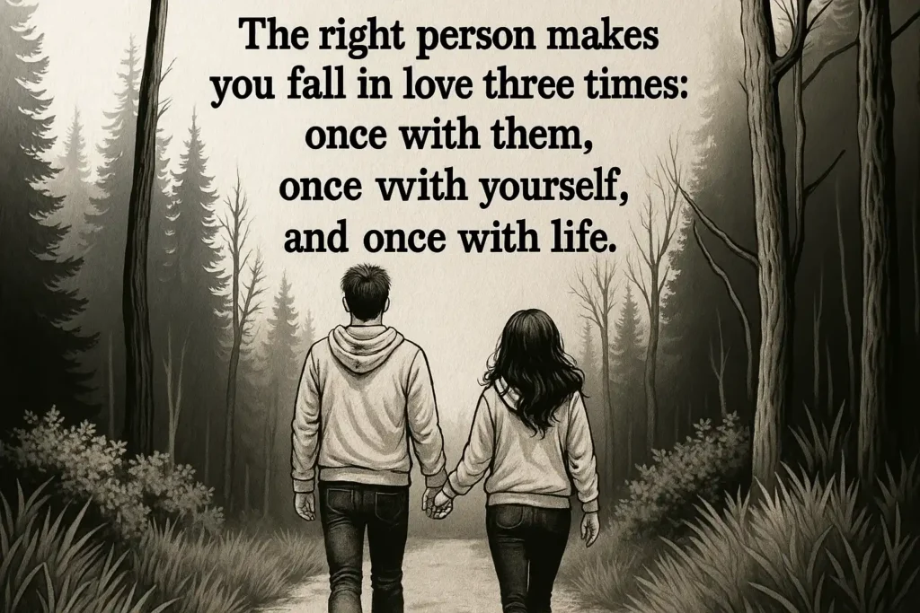 Couple walking hand in hand through a forest with quote about love making you fall for them, yourself, and life again